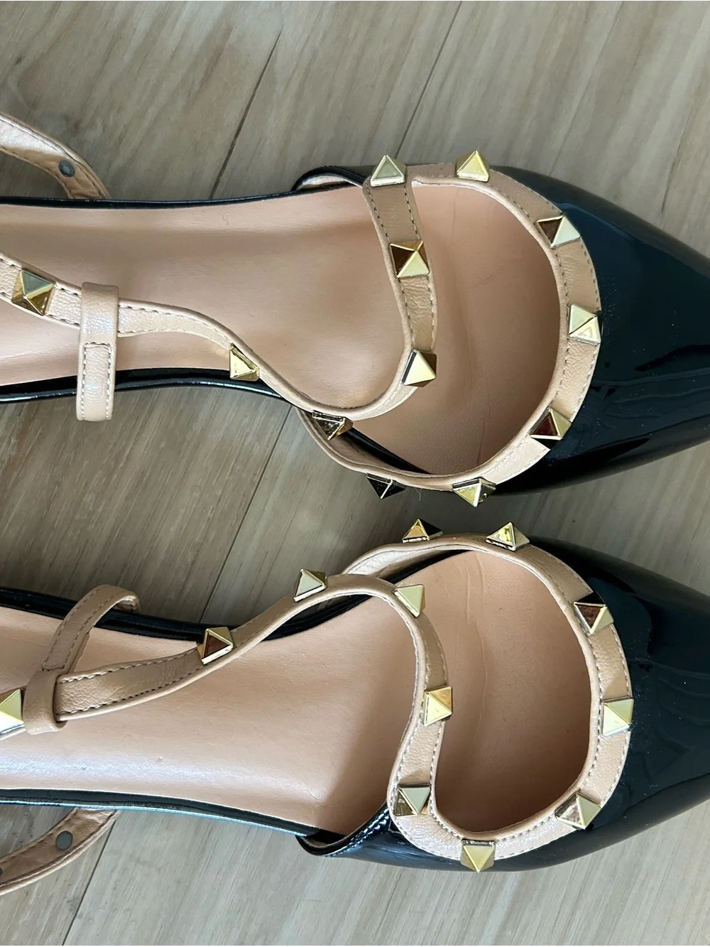 Studded Pointed-Toe Slingback Flats in Black and Nude